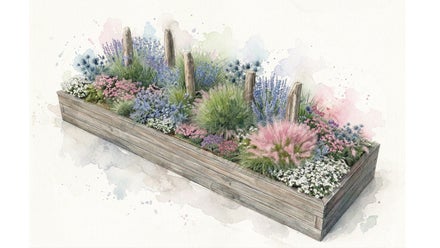 A watercolor painting of a flower bed