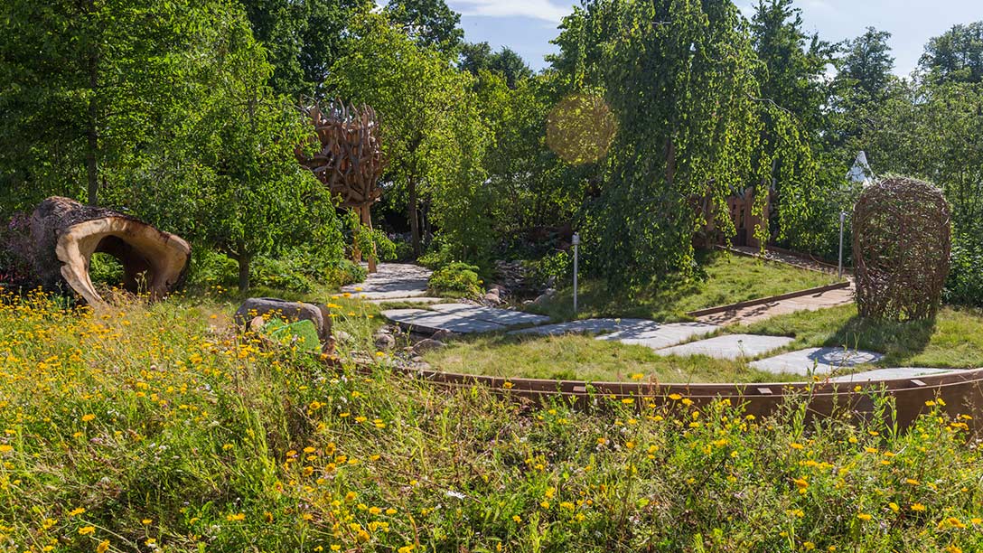 A path in a park with trees and grass