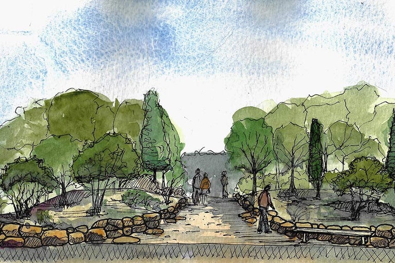 A drawing of a park with people walking