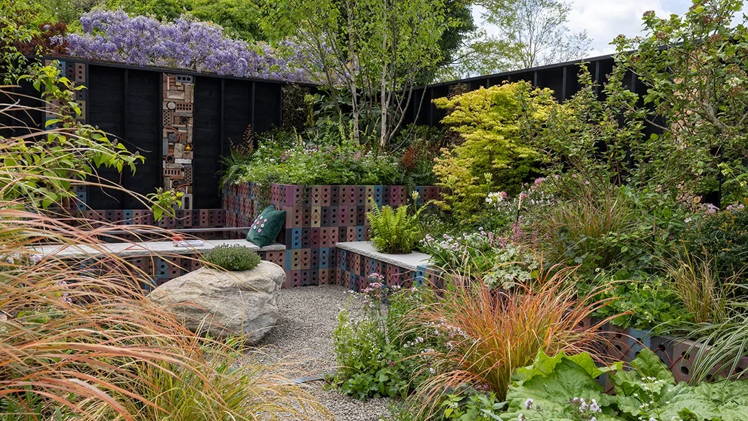 A garden with plants and a bench