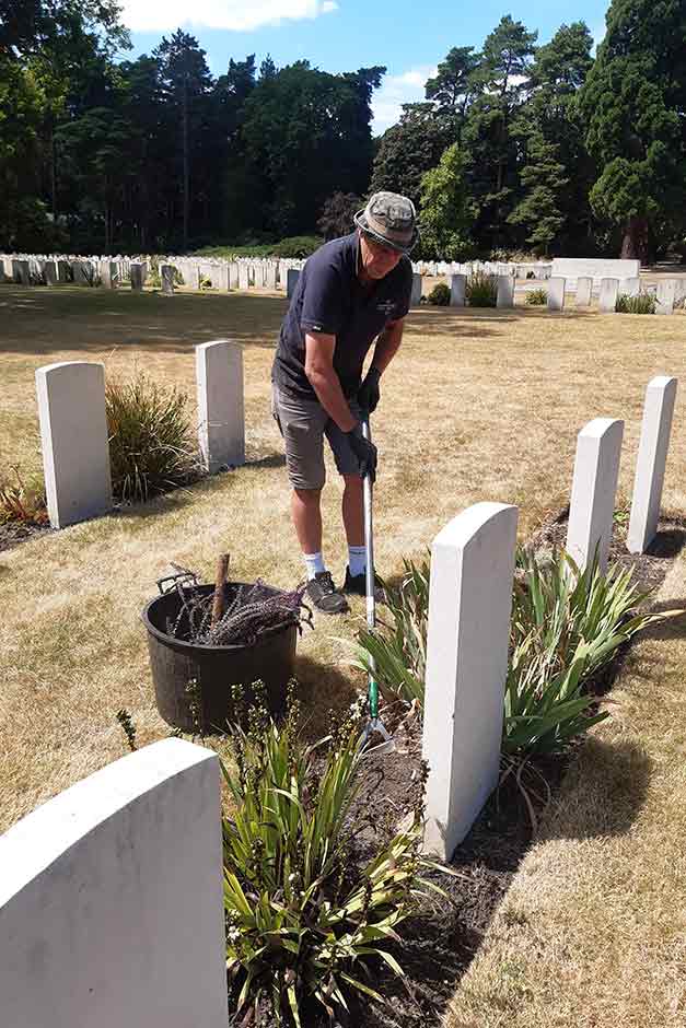 Gardener hoeing weeds