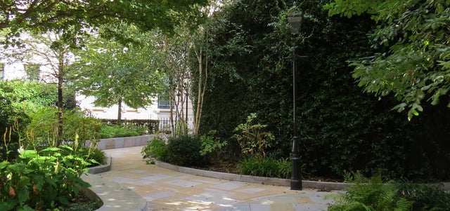 A path with a lamp post and bushes