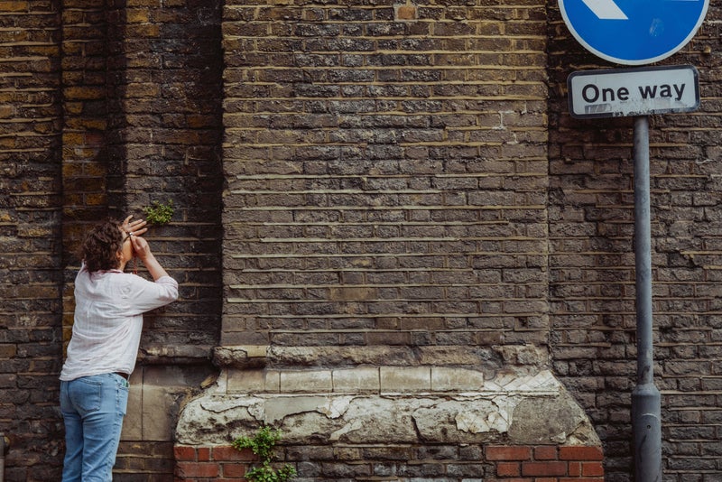 Amanda Tuke looking at street plants on a brick wall