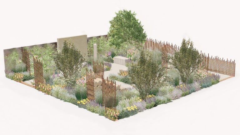 A garden with a fence and trees