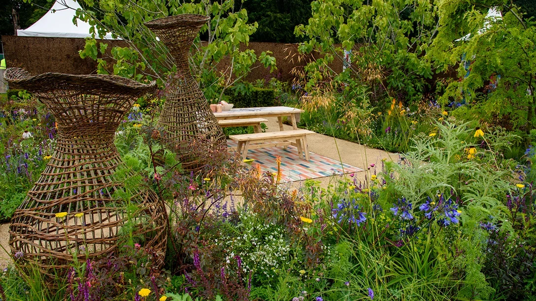 A picnic table in a garden