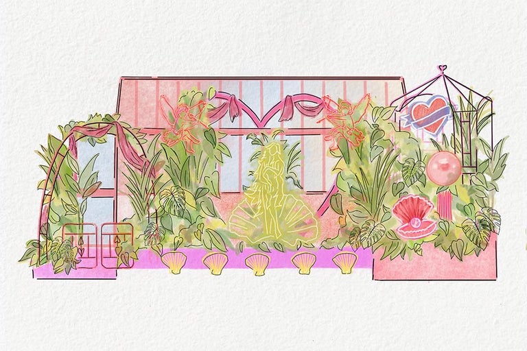 A drawing of a house with plants and flowers