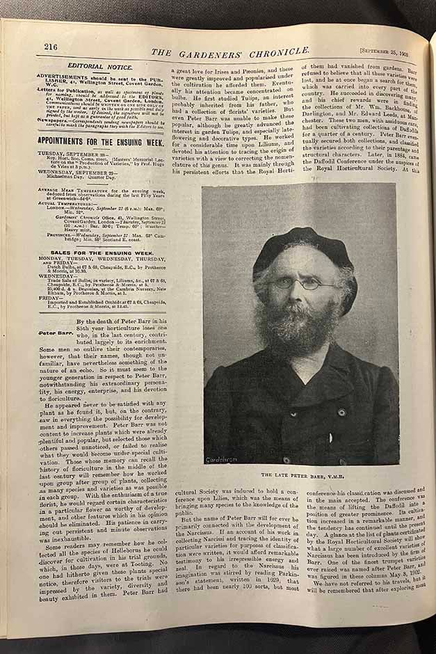 A page from an early 20th century gardening magazine showing a black and white photo of Peter Barr
