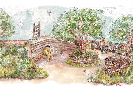 A drawing of a man sitting on a bench