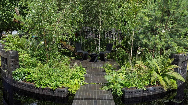 A walkway in a garden with chairs and plants
