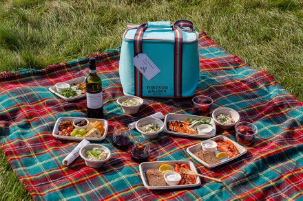 Food on a blanket on the grass